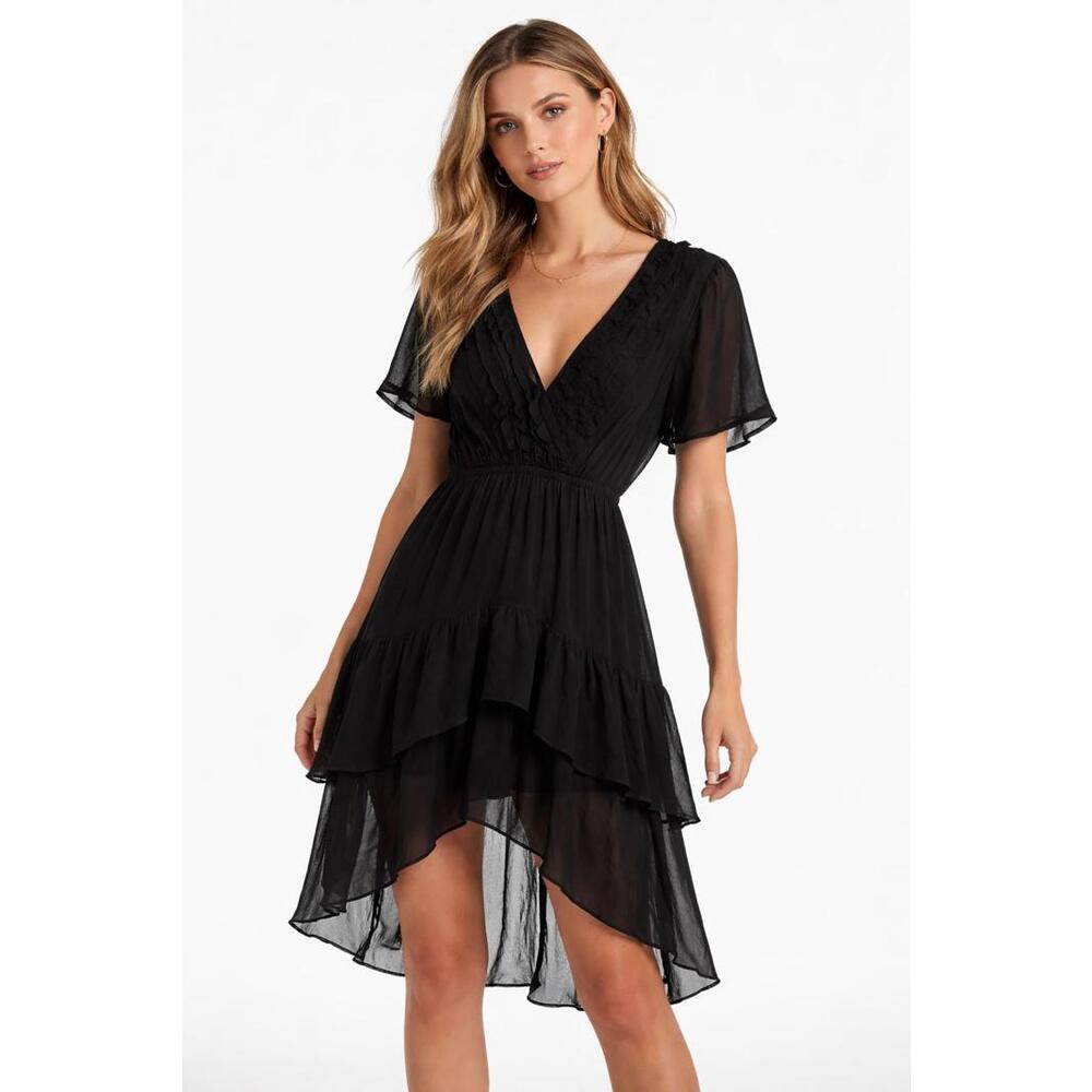 The Kooples Black Ruffle V-Neck High Low Dress 100% Viscose US Small NWT - Picture 1 of 8